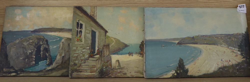 Godwin Bennett (1888-1950), three Cornish scenes, oil on canvas, all approximately 26cm x 41cm